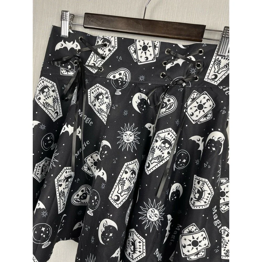 ROMWE Circle Skater Skirt Womens M‎ Black Tarot Print Whimsigoth Witchy